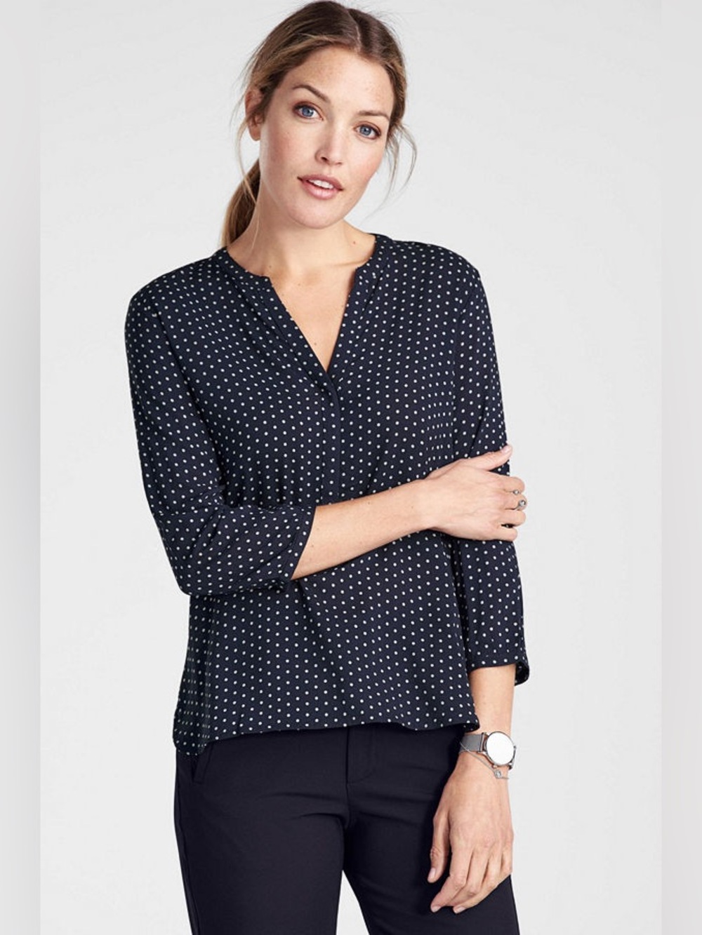Part Two Chichi Hi-Lo Polka Dot V-Neck Blouse